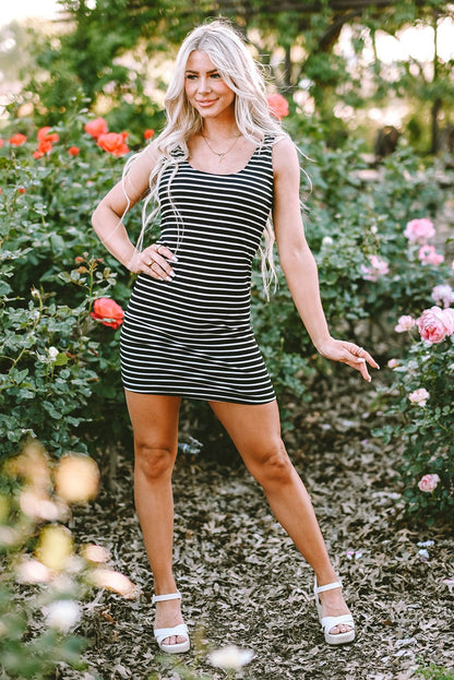 Striped Ribbed Knit Sleeveless Bodycon Mini Dress
