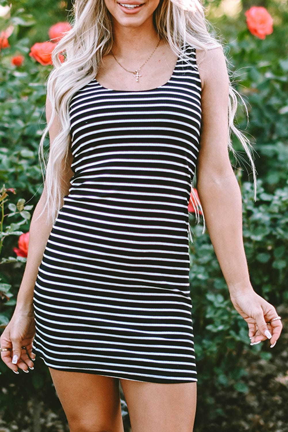 Striped Ribbed Knit Sleeveless Bodycon Mini Dress