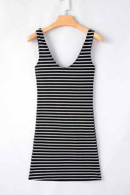 Striped Ribbed Knit Sleeveless Bodycon Mini Dress