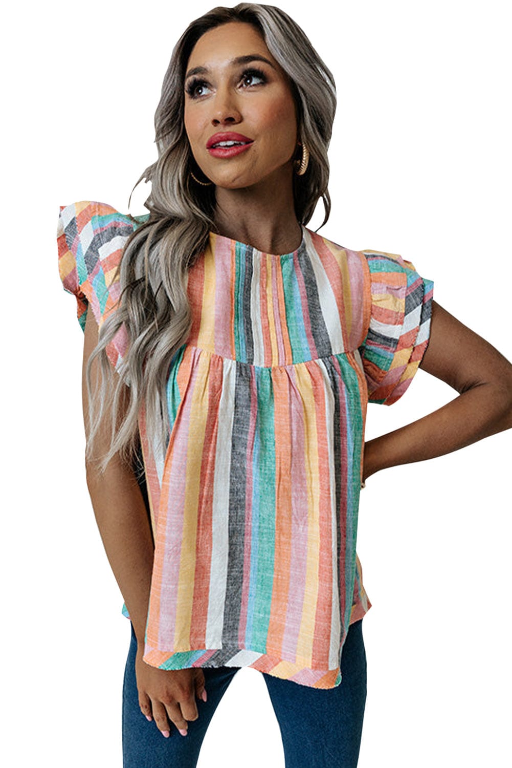 Striped Ruffle Sleeve Multicolor Top with Tiered Hemline
