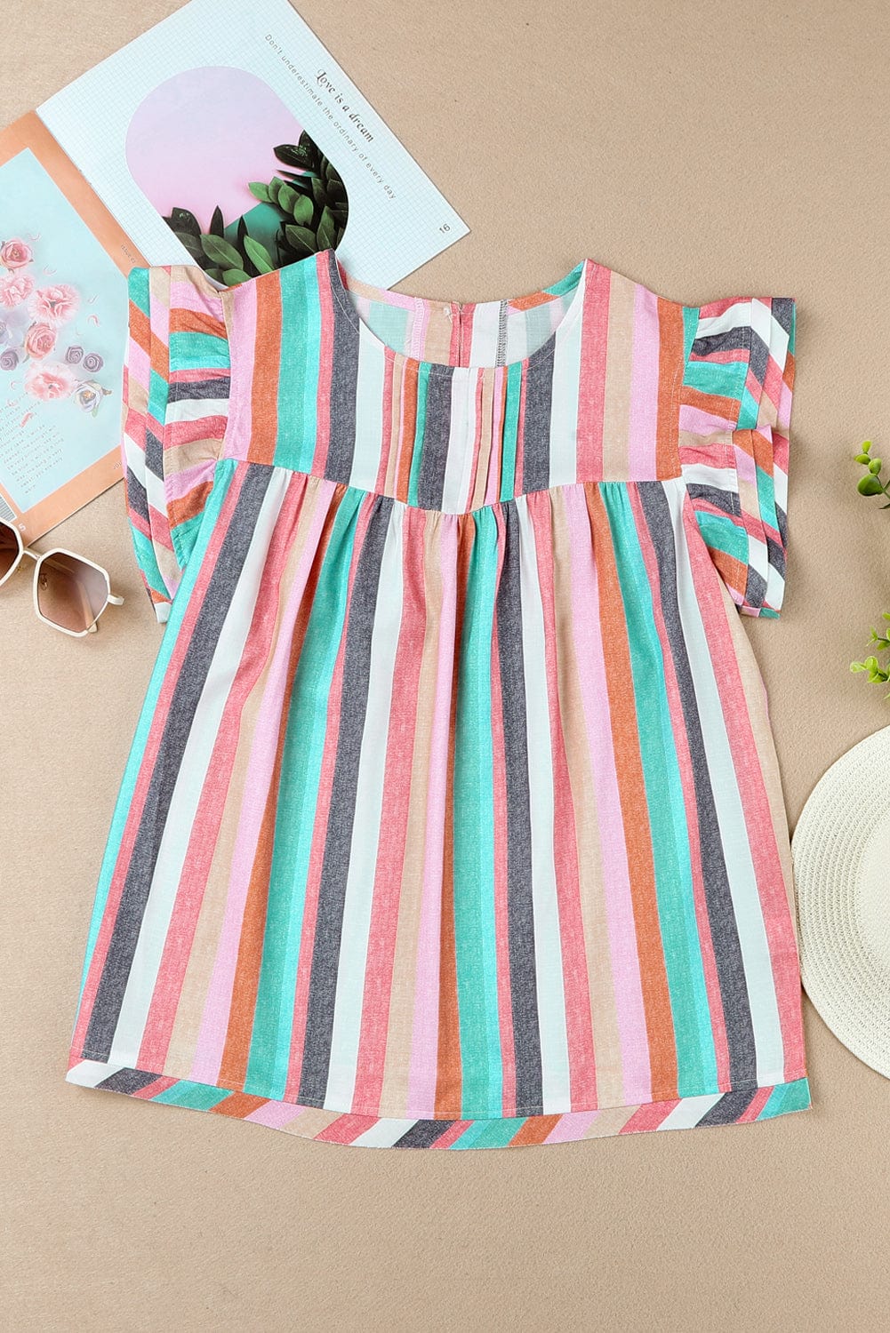 Striped Ruffle Sleeve Multicolor Top with Tiered Hemline