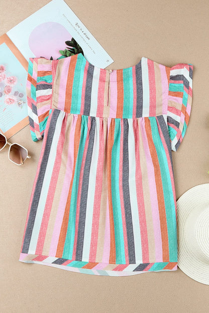 Striped Ruffle Sleeve Multicolor Top with Tiered Hemline