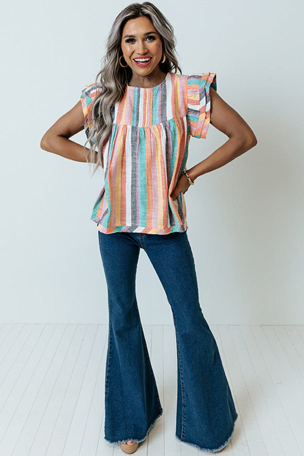 Striped Ruffle Sleeve Multicolor Top with Tiered Hemline
