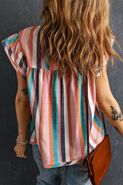 Striped Ruffle Sleeve Multicolor Top with Tiered Hemline