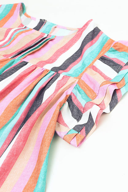 Striped Ruffle Sleeve Multicolor Top with Tiered Hemline