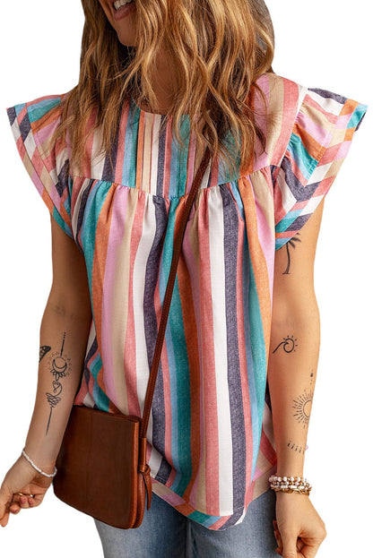 Striped Ruffle Sleeve Multicolor Top with Tiered Hemline