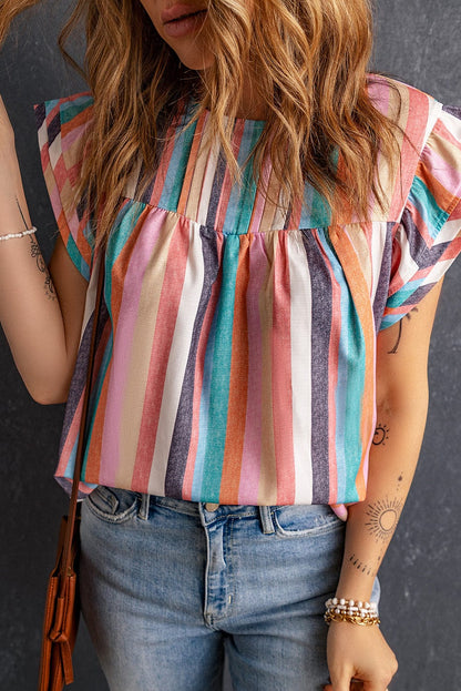 Striped Ruffle Sleeve Multicolor Top with Tiered Hemline