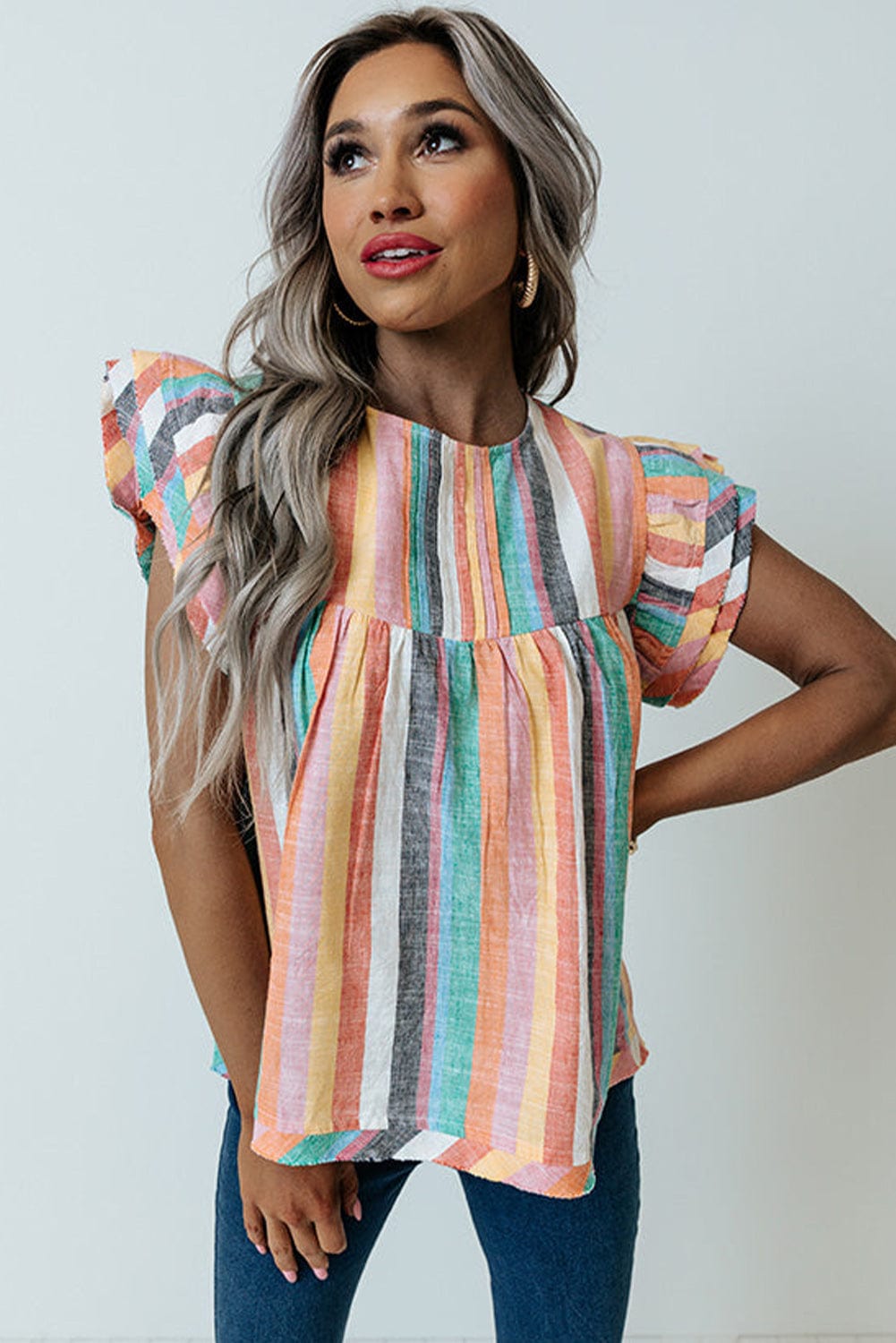 Striped Ruffle Sleeve Multicolor Top with Tiered Hemline