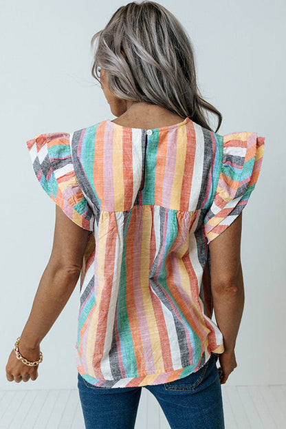 Striped Ruffle Sleeve Multicolor Top with Tiered Hemline