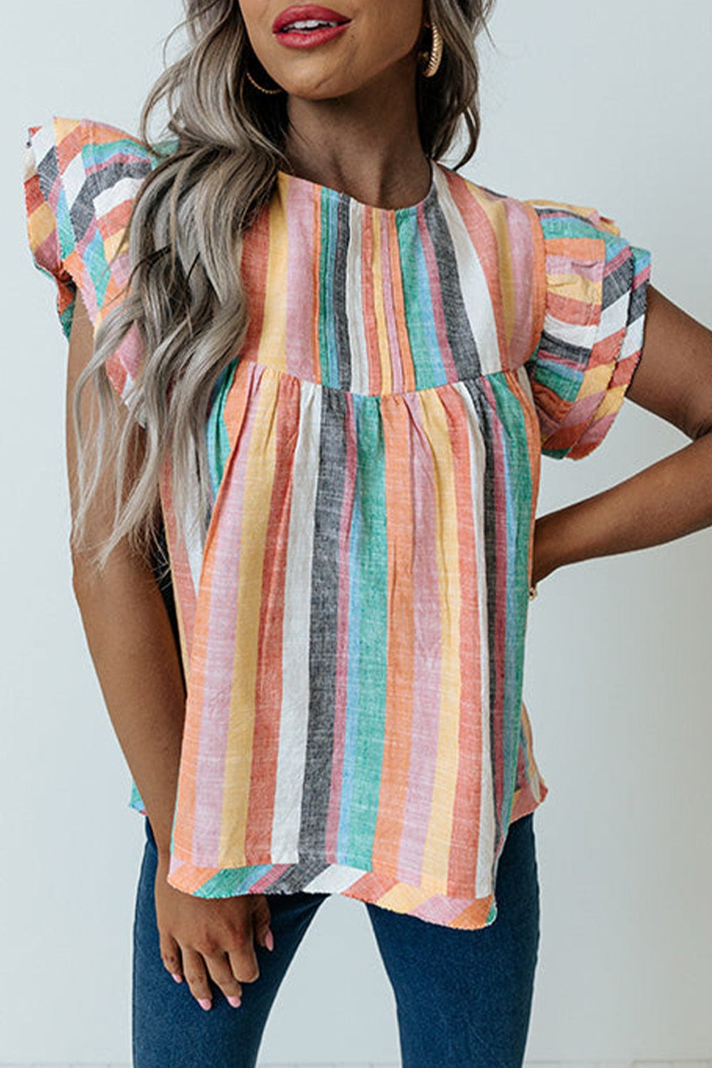 Striped Ruffle Sleeve Multicolor Top with Tiered Hemline