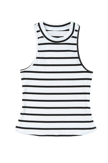 Striped Sleeveless Crew Neck Top with Textured Fabric