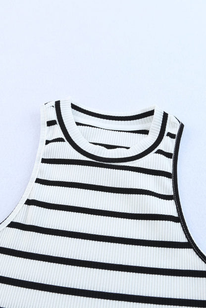 Striped Sleeveless Crew Neck Top with Textured Fabric