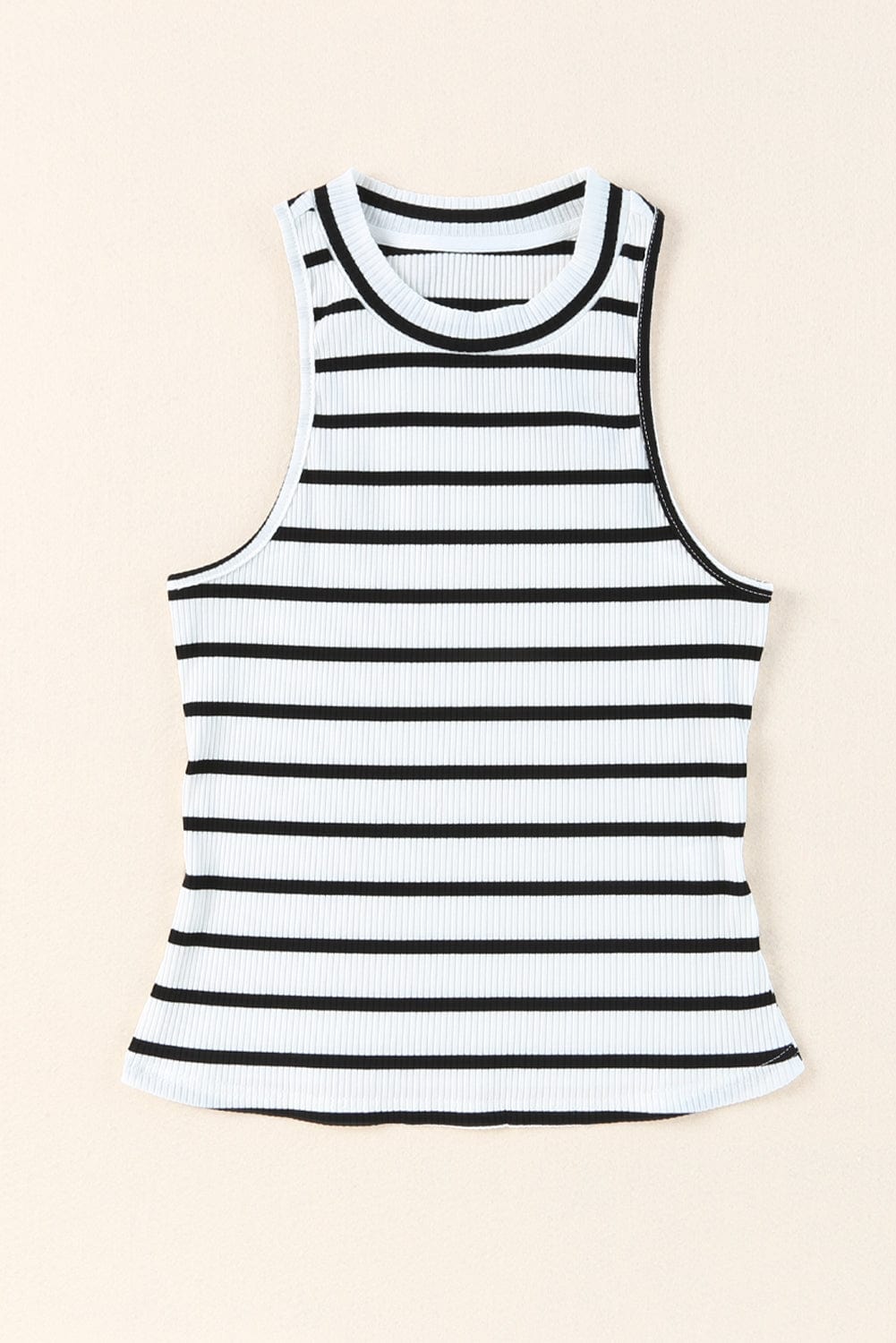 Striped Sleeveless Crew Neck Top with Textured Fabric