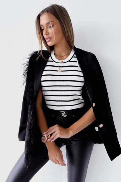 Striped Sleeveless Crew Neck Top with Textured Fabric