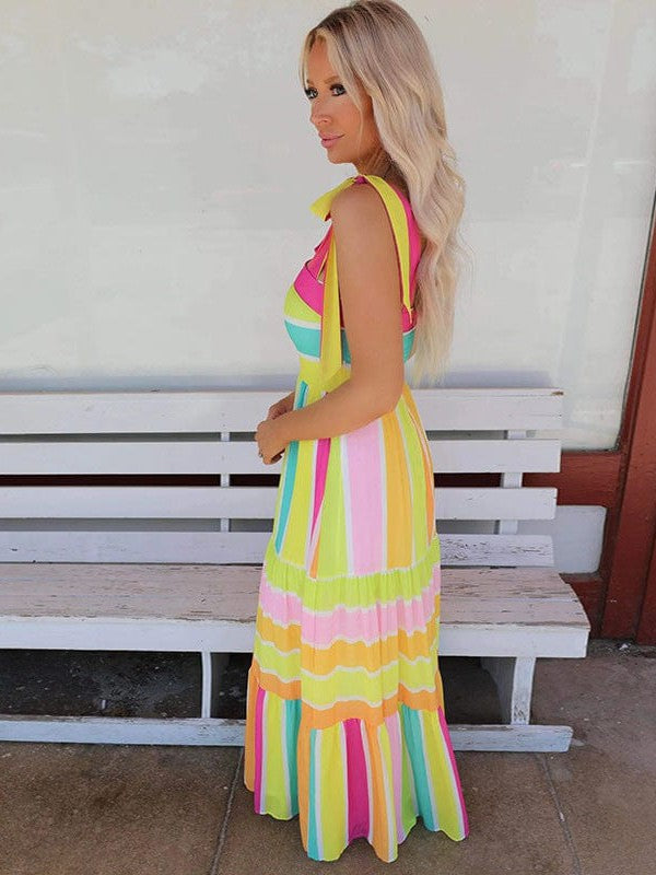Striped Sleeveless Square Neck Maxi Dress in Yellow