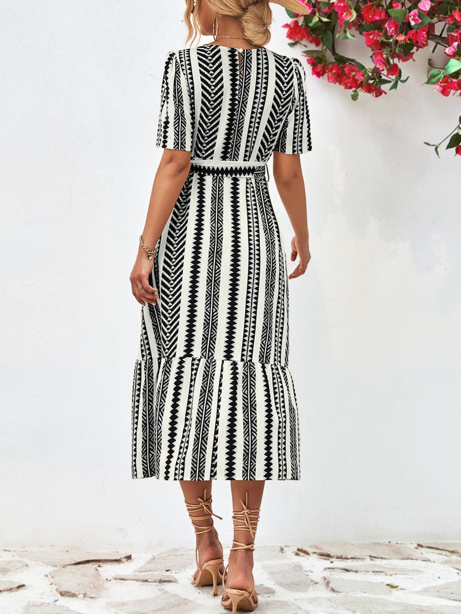 Striped Tie Belt Round Neck Puff Sleeve Midi Dress