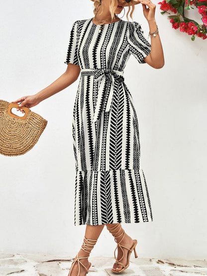 Striped Tie Belt Round Neck Puff Sleeve Midi Dress