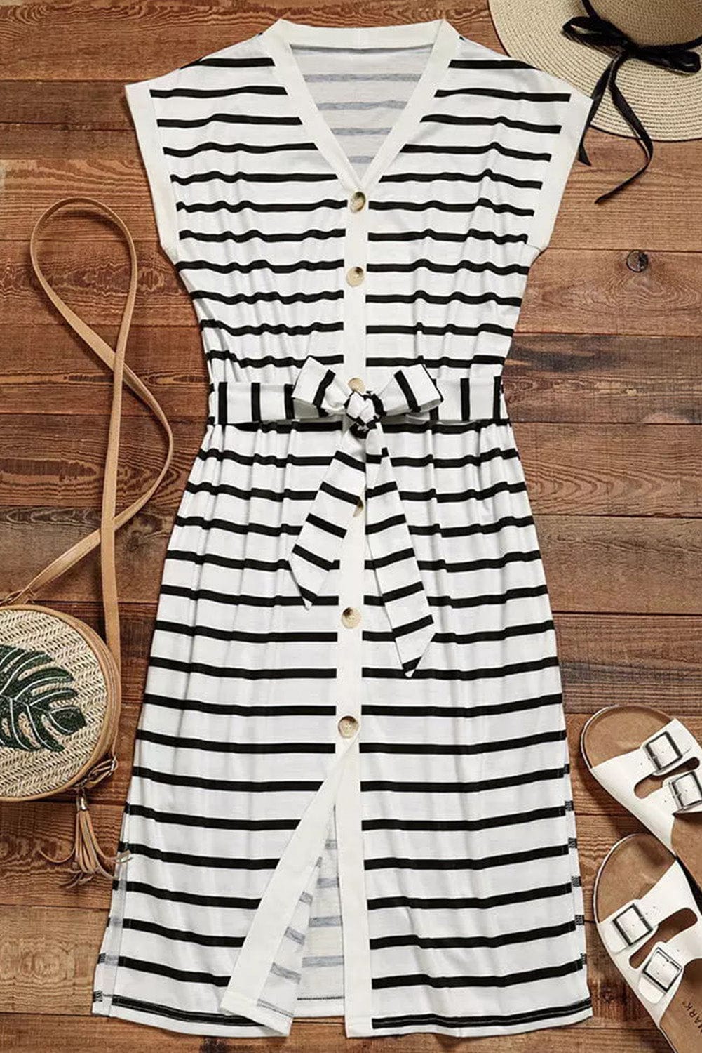 Striped V-Neck Button-Up Midi Dress with Waist Tie