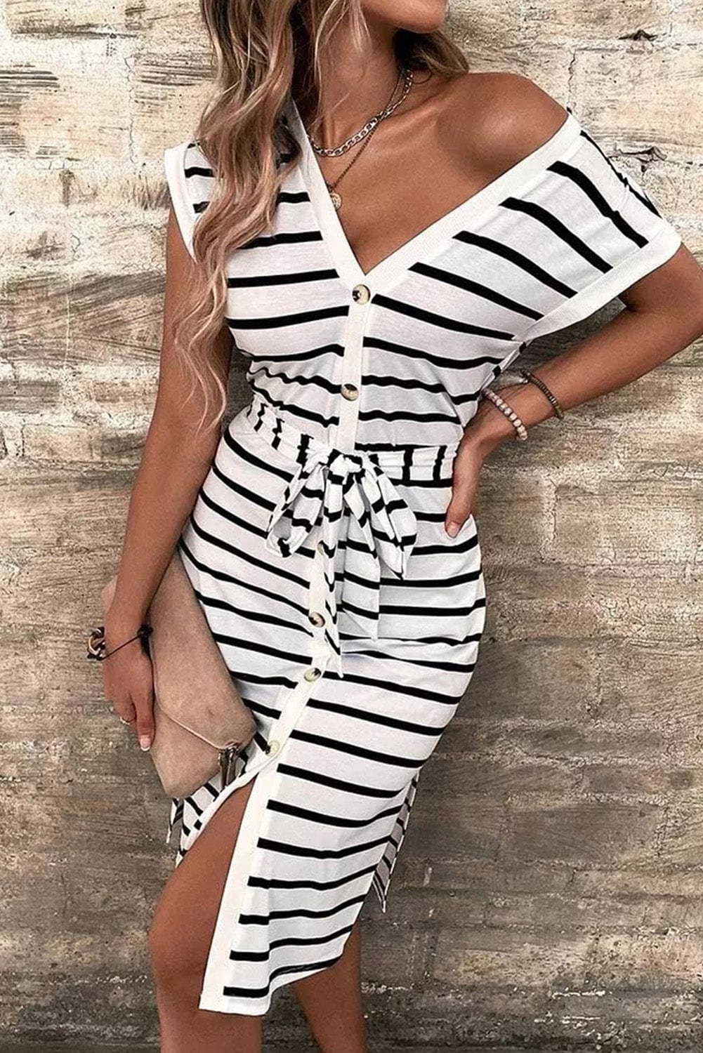 Striped V-Neck Button-Up Midi Dress with Waist Tie