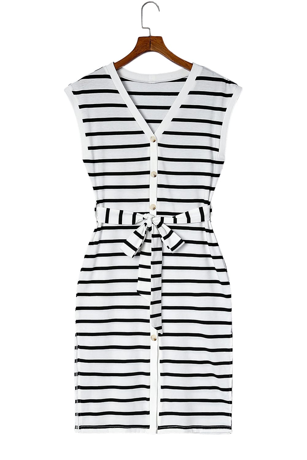 Striped V-Neck Button-Up Midi Dress with Waist Tie