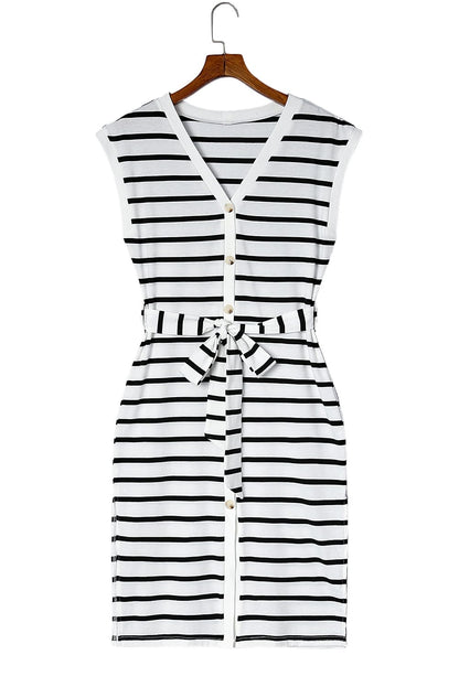 Striped V-Neck Button-Up Midi Dress with Waist Tie
