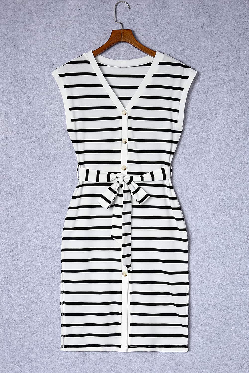 Striped V-Neck Button-Up Midi Dress with Waist Tie