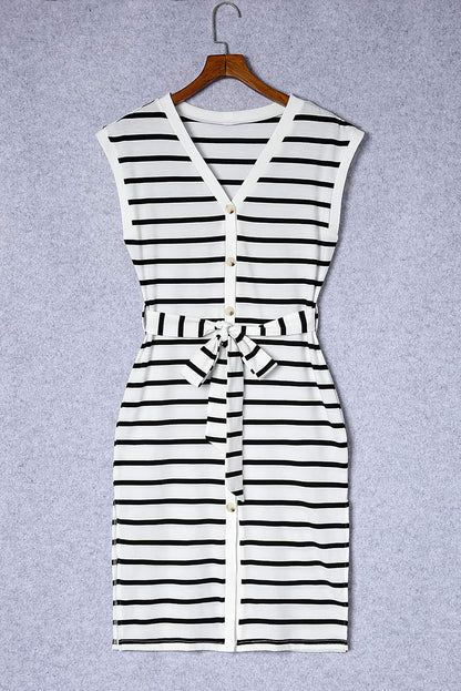 Striped V-Neck Button-Up Midi Dress with Waist Tie
