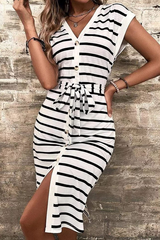 Striped V-Neck Button-Up Midi Dress with Waist Tie