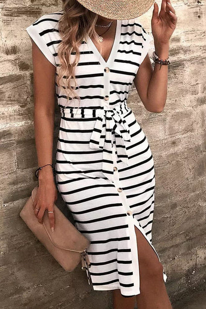 Striped V-Neck Button-Up Midi Dress with Waist Tie