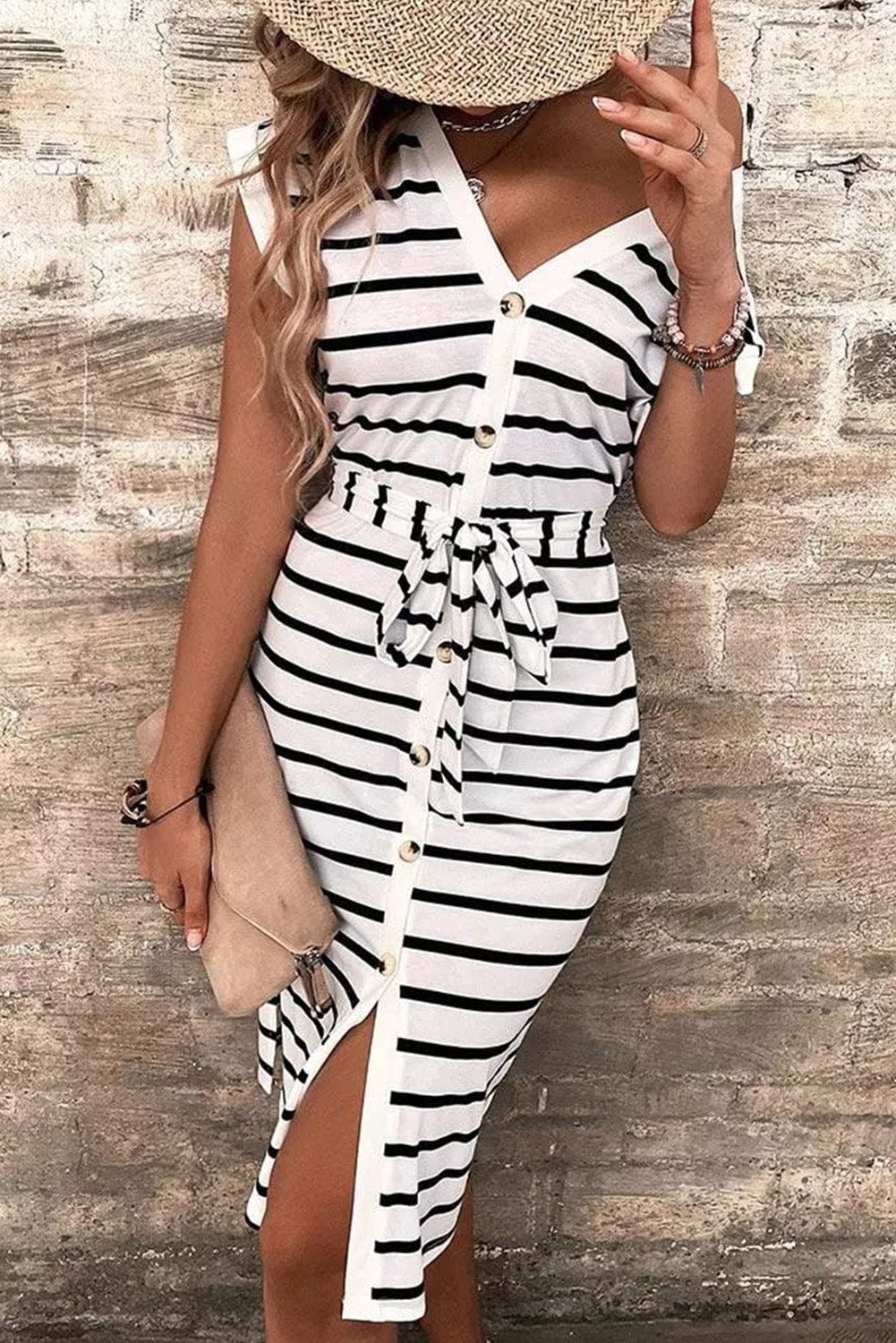 Striped V-Neck Button-Up Midi Dress with Waist Tie