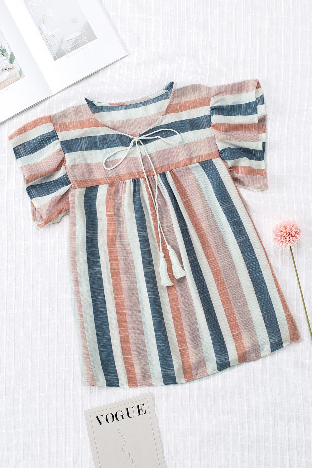 Striped V-Neck Ruffle Sleeve Loose Fit Casual Top