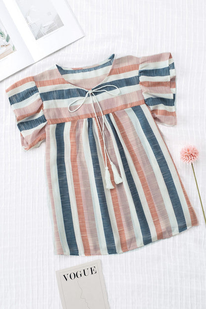 Striped V-Neck Ruffle Sleeve Loose Fit Casual Top