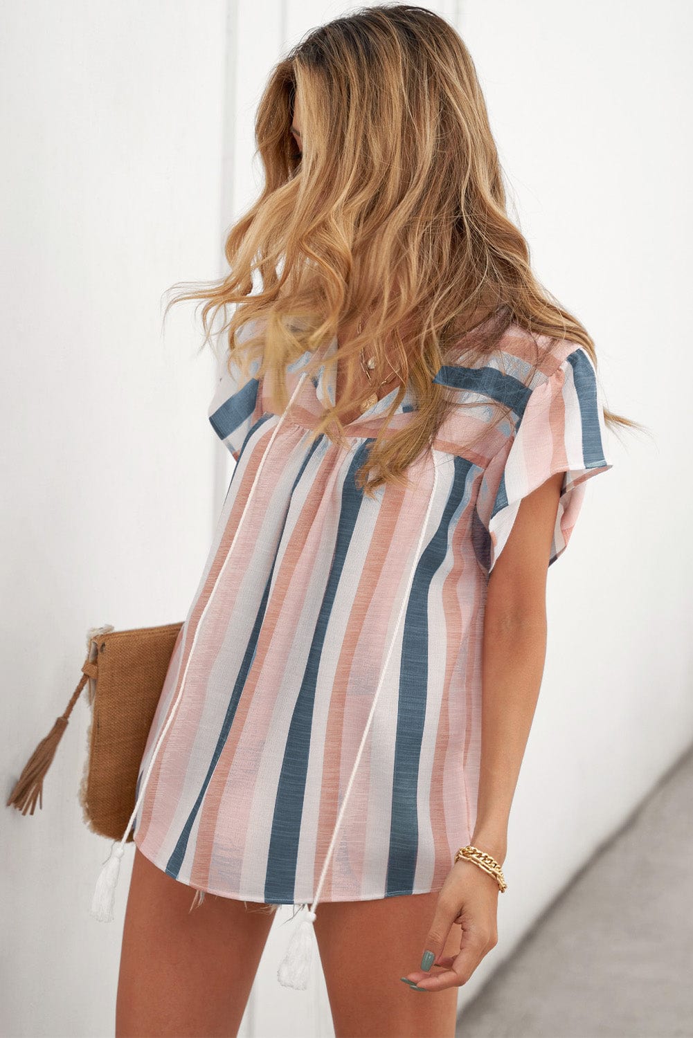 Striped V-Neck Ruffle Sleeve Loose Fit Casual Top