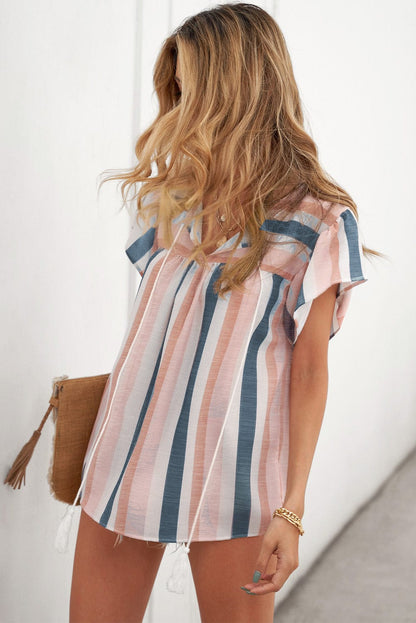 Striped V-Neck Ruffle Sleeve Loose Fit Casual Top