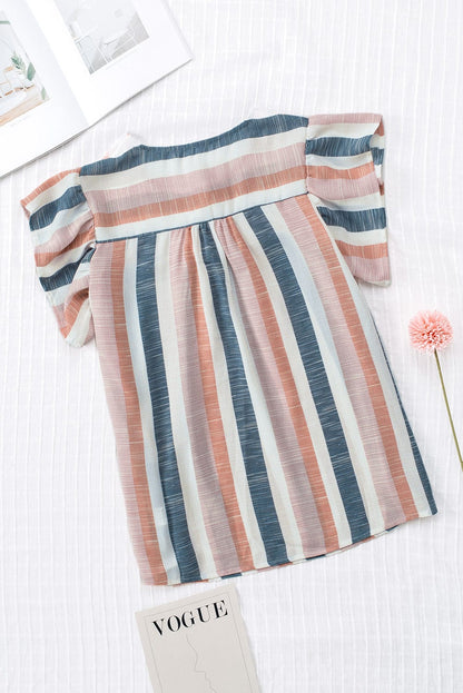 Striped V-Neck Ruffle Sleeve Loose Fit Casual Top