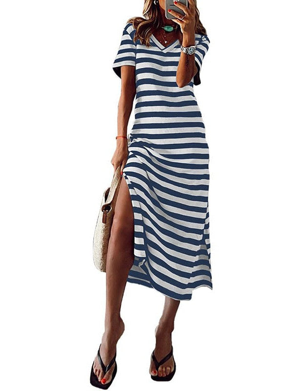 Striped V-Neck Slimming Midi Dress with Short Sleeves