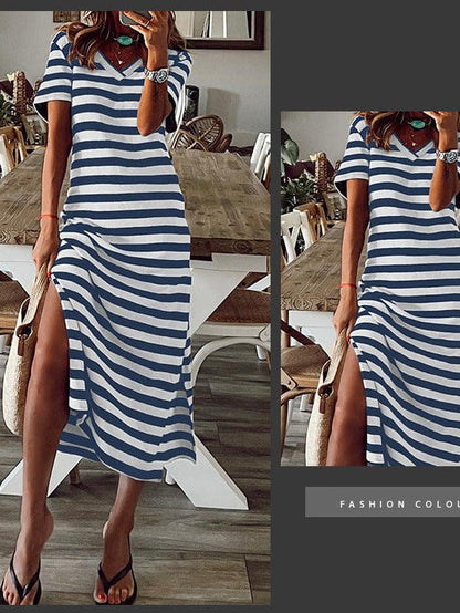 Striped V-Neck Slimming Midi Dress with Short Sleeves