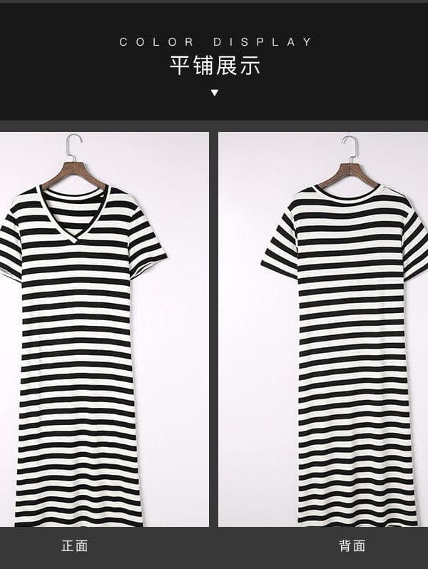 Striped V-Neck Slimming Midi Dress with Short Sleeves