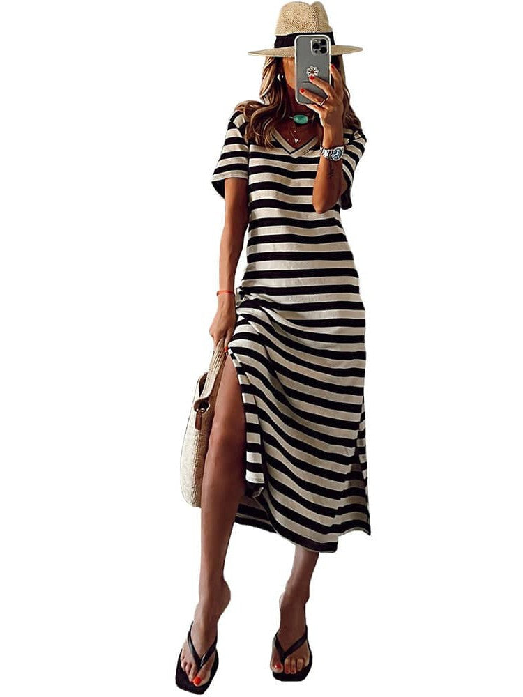 Striped V-Neck Slimming Midi Dress with Short Sleeves