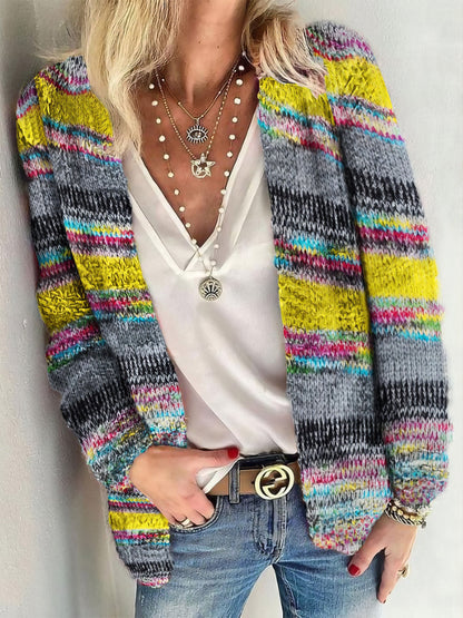 Striped Woolen Commuter Cardigan in Multicolor Print