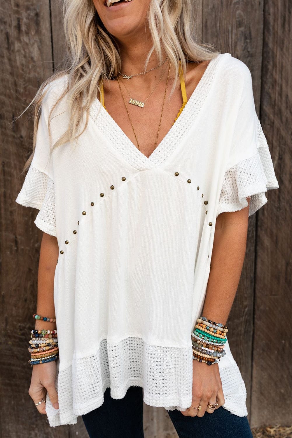 Studded V Neck Waffle Knit Blouse with Beaded Detail