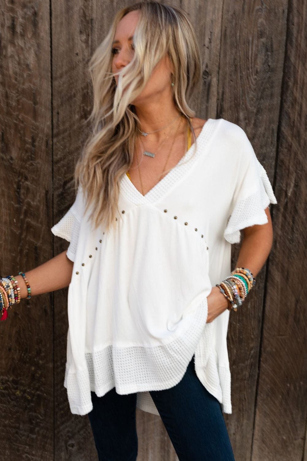 Studded V Neck Waffle Knit Blouse with Beaded Detail