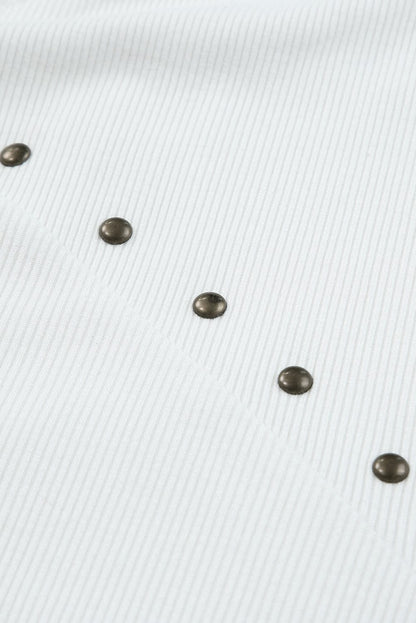 Studded V Neck Waffle Knit Blouse with Beaded Detail