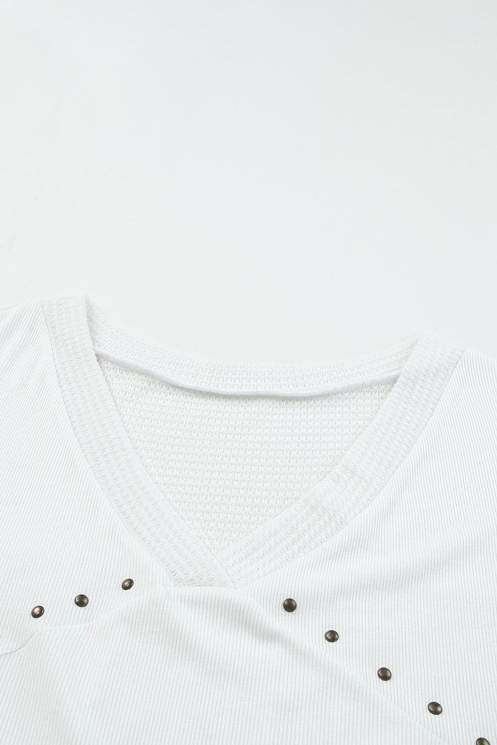 Studded V Neck Waffle Knit Blouse with Beaded Detail