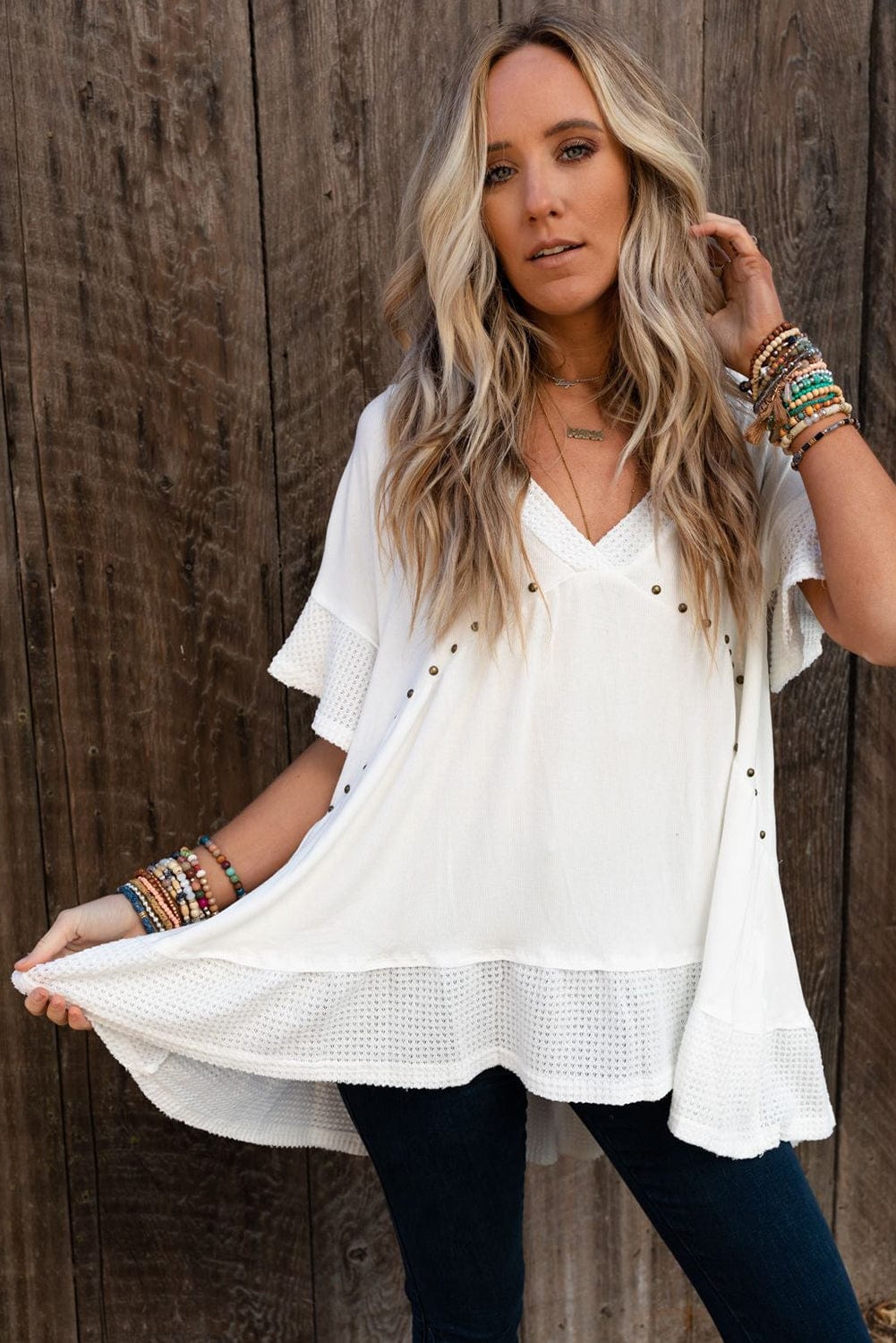 Studded V Neck Waffle Knit Blouse with Beaded Detail