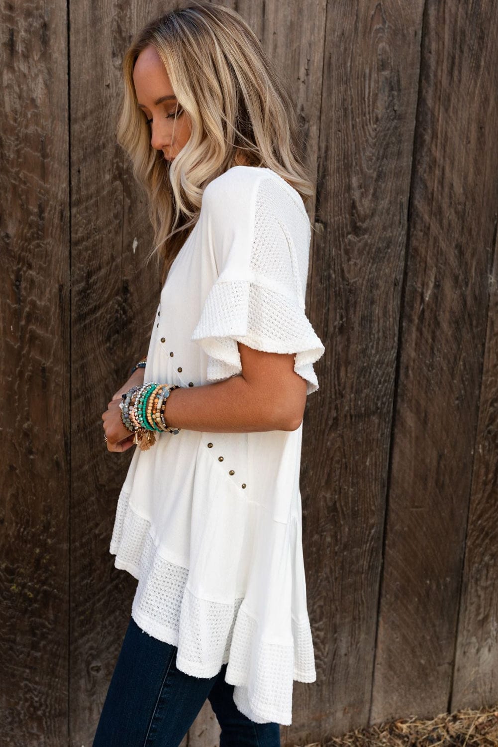 Studded V Neck Waffle Knit Blouse with Beaded Detail