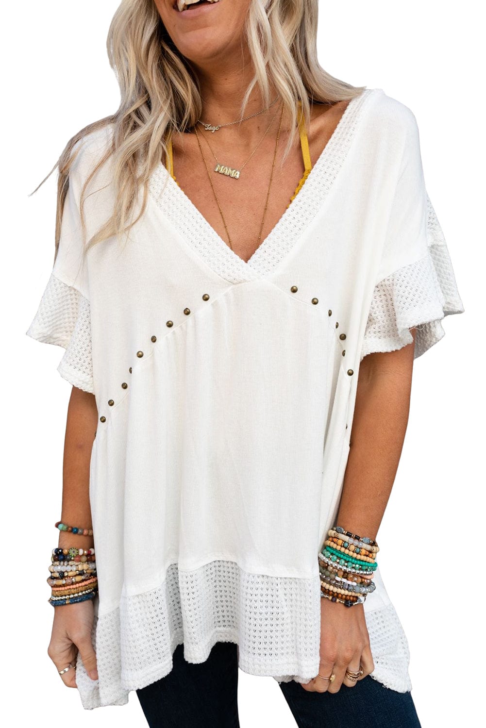 Studded V Neck Waffle Knit Blouse with Beaded Detail