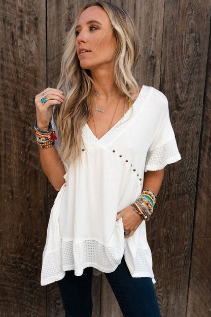 Studded V Neck Waffle Knit Blouse with Beaded Detail