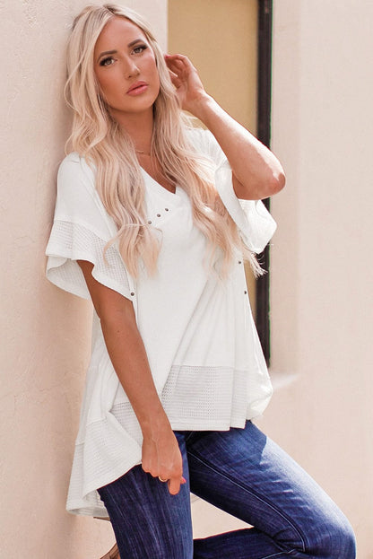 Studded V Neck Waffle Knit Blouse with Beaded Detail