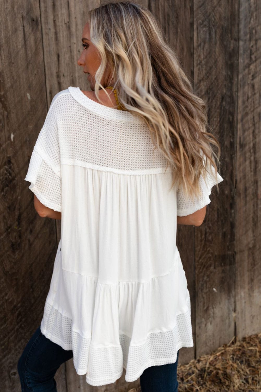 Studded V Neck Waffle Knit Blouse with Beaded Detail